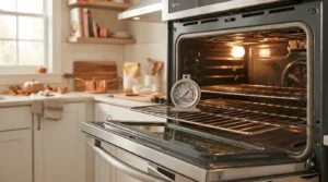 Testing oven temperature with a dial thermometer before Thanksgiving