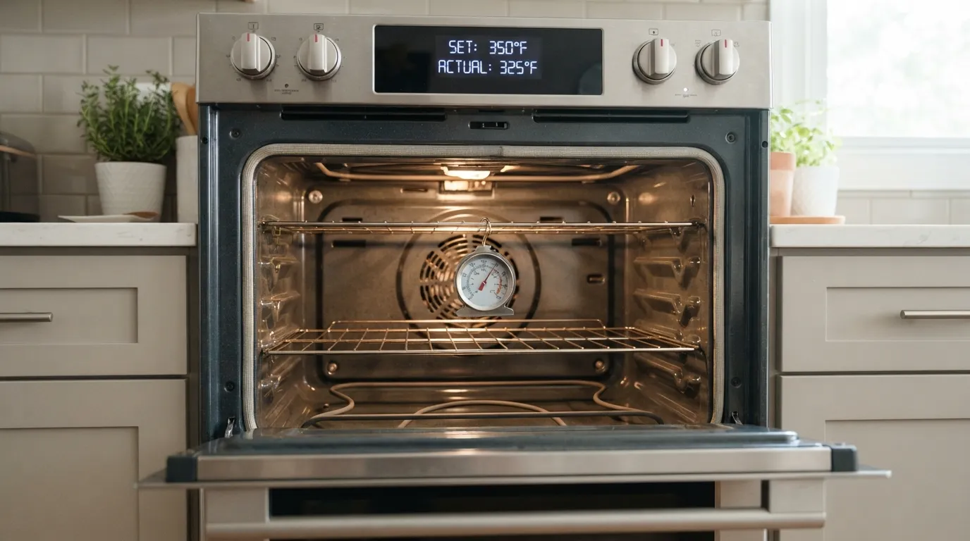 "Dial thermometer showing an oven running 25 degrees cold."