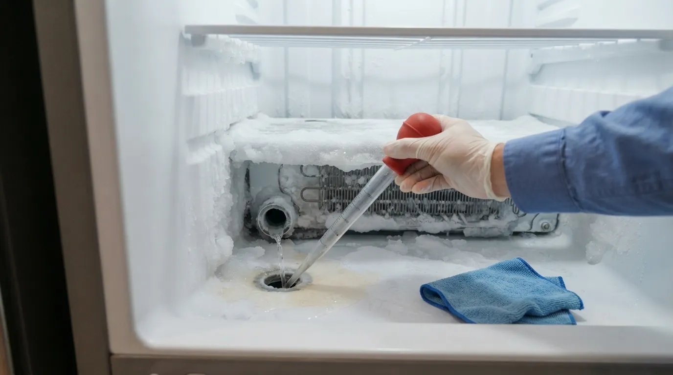 "Flushing a clogged refrigerator defrost drain with warm water."