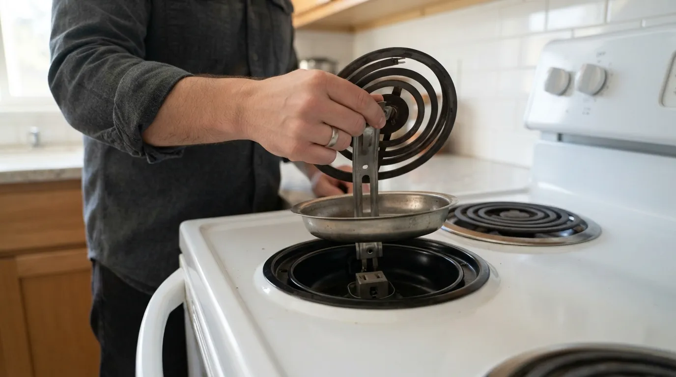 Unplugging a coil burner for the swap test on an electric stove.