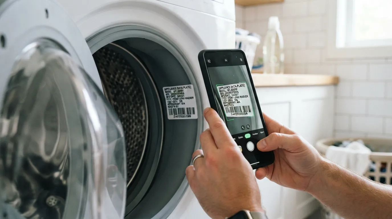 "Photographing an appliance serial tag to decode its age before buying used."