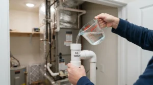 Pouring vinegar into an AC condensate drain access tee.