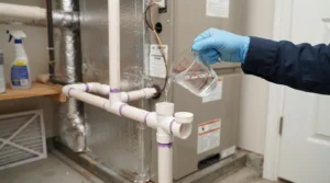 Flushing an AC condensate drain line with white vinegar.
