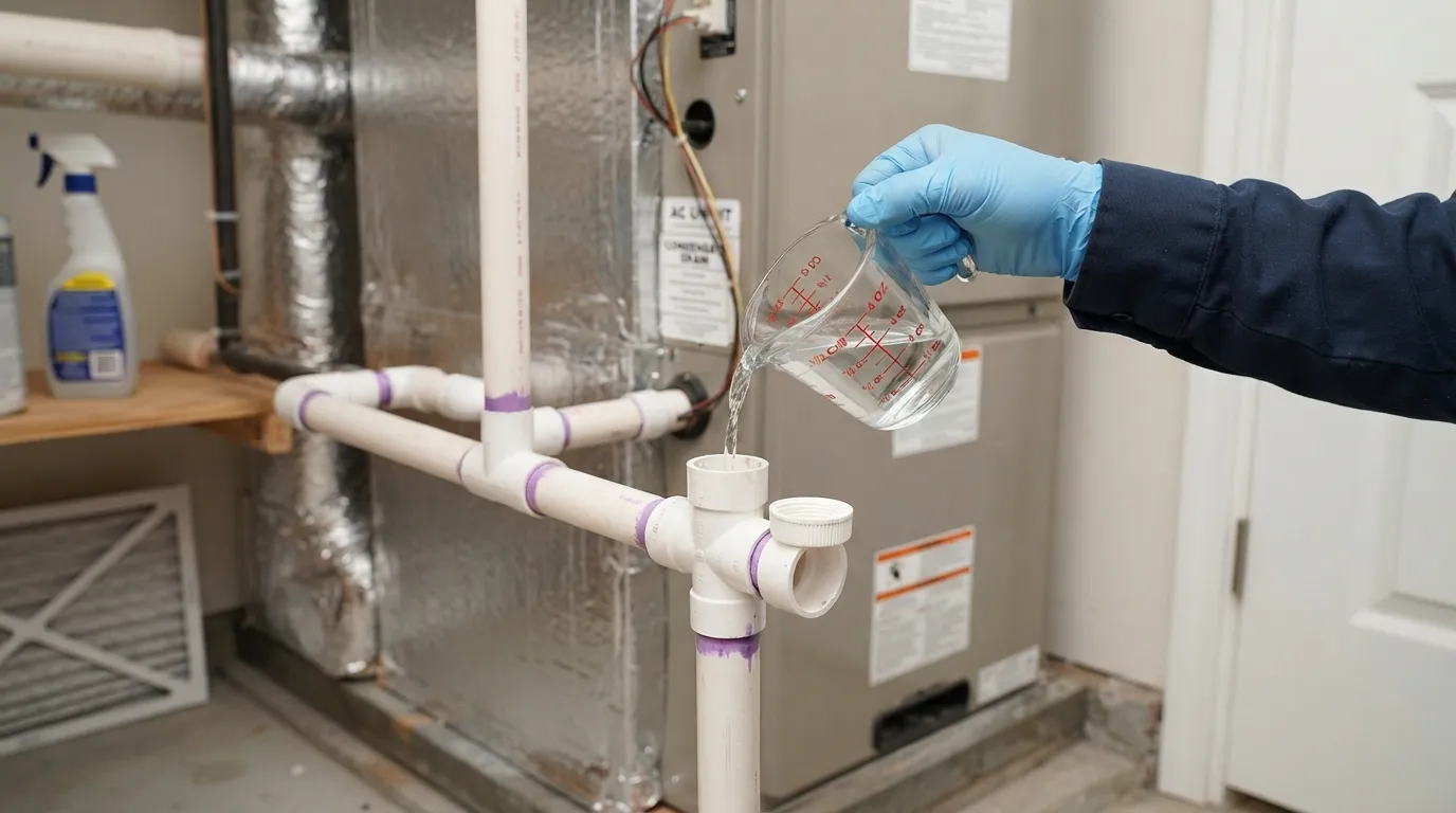 Flushing an AC condensate drain line with white vinegar.