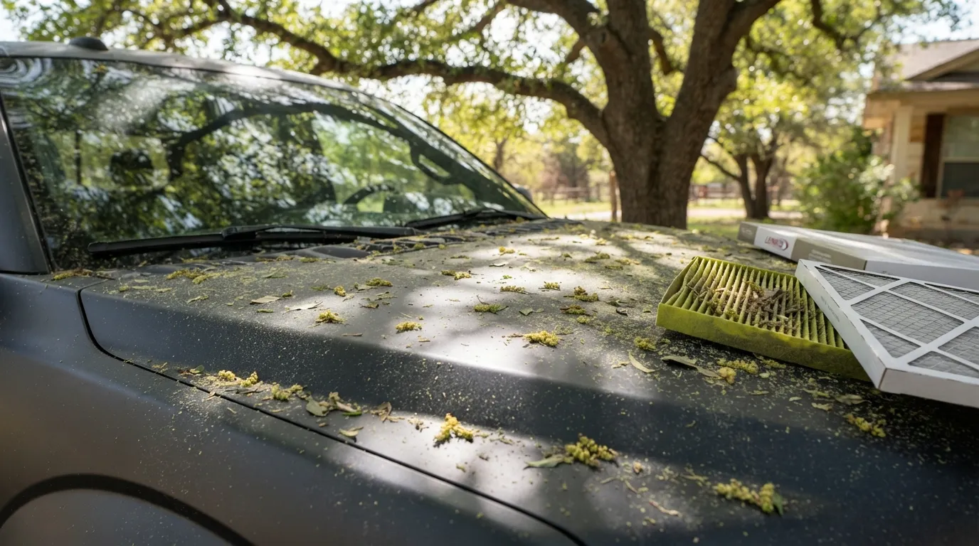 Oak pollen film in Central Texas, the same dust that loads HVAC filters.