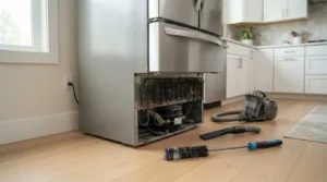 Cleaning refrigerator condenser coils to cut energy use.