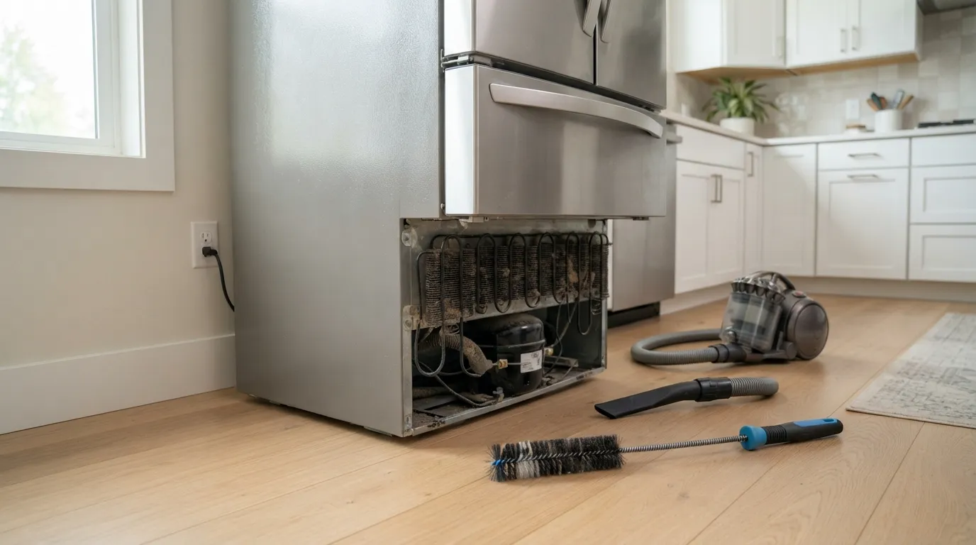 Cleaning refrigerator condenser coils to cut energy use.