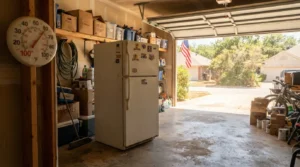 Garage refrigerator in a Texas garage, where heat shortens refrigerator lifespan