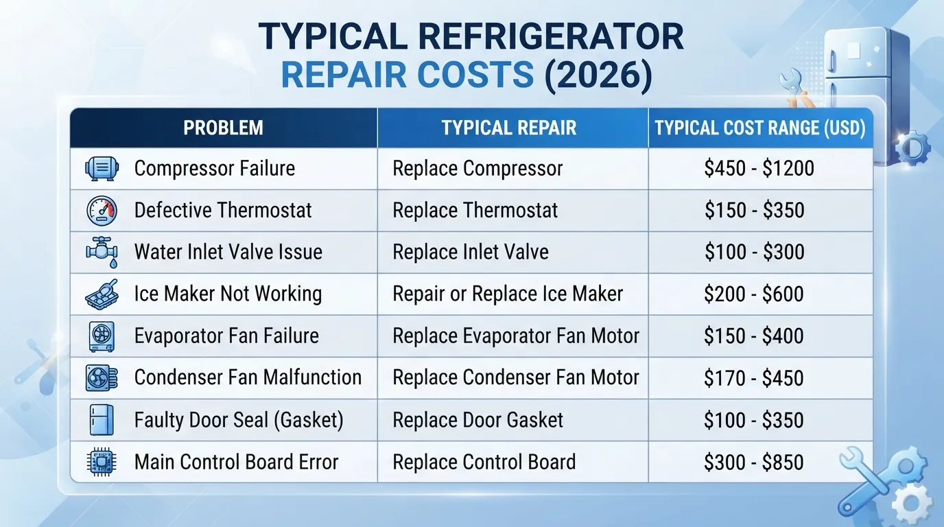 Typical refrigerator repair costs by problem, 2026