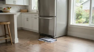 "Puddle of water under a leaking refrigerator on a kitchen floor."