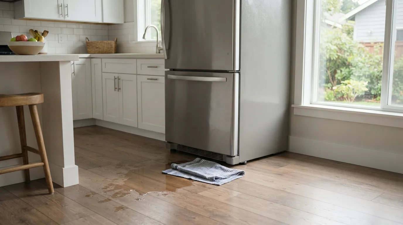 "Puddle of water under a leaking refrigerator on a kitchen floor."