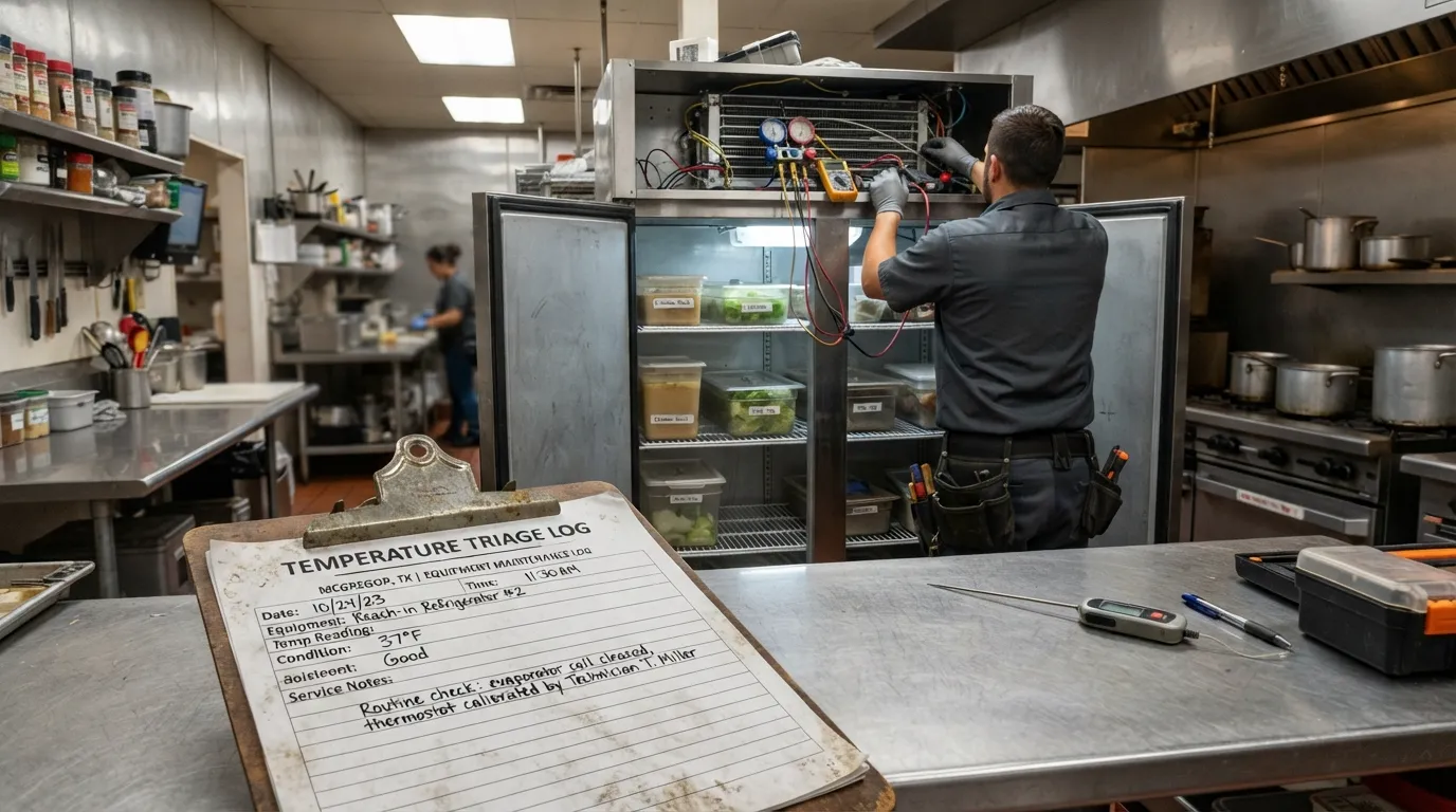 "Temperature log during a commercial refrigerator failure in a small restaurant kitchen."