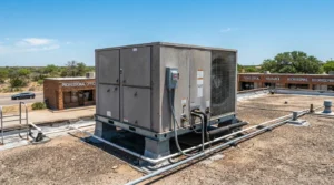 "Rooftop package air conditioning unit on a small Texas office building."