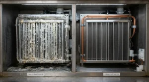 "Limescale on an ice machine evaporator plate from hard water."