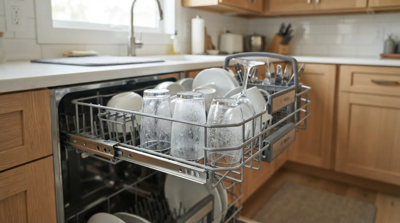 Cloudy glasses on a dishwasher top rack that isn't cleaning.