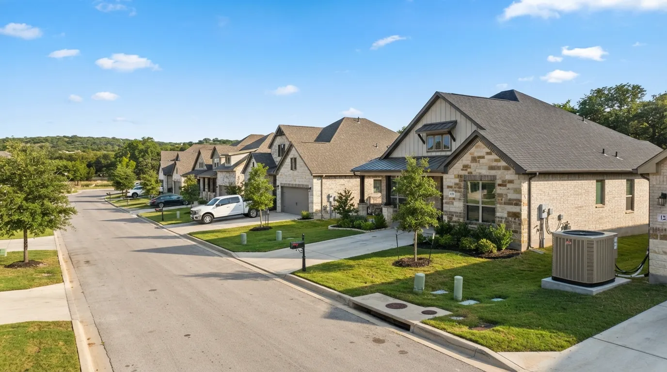 Matching air conditioner condensers outside same-year new builds in China Spring, TX