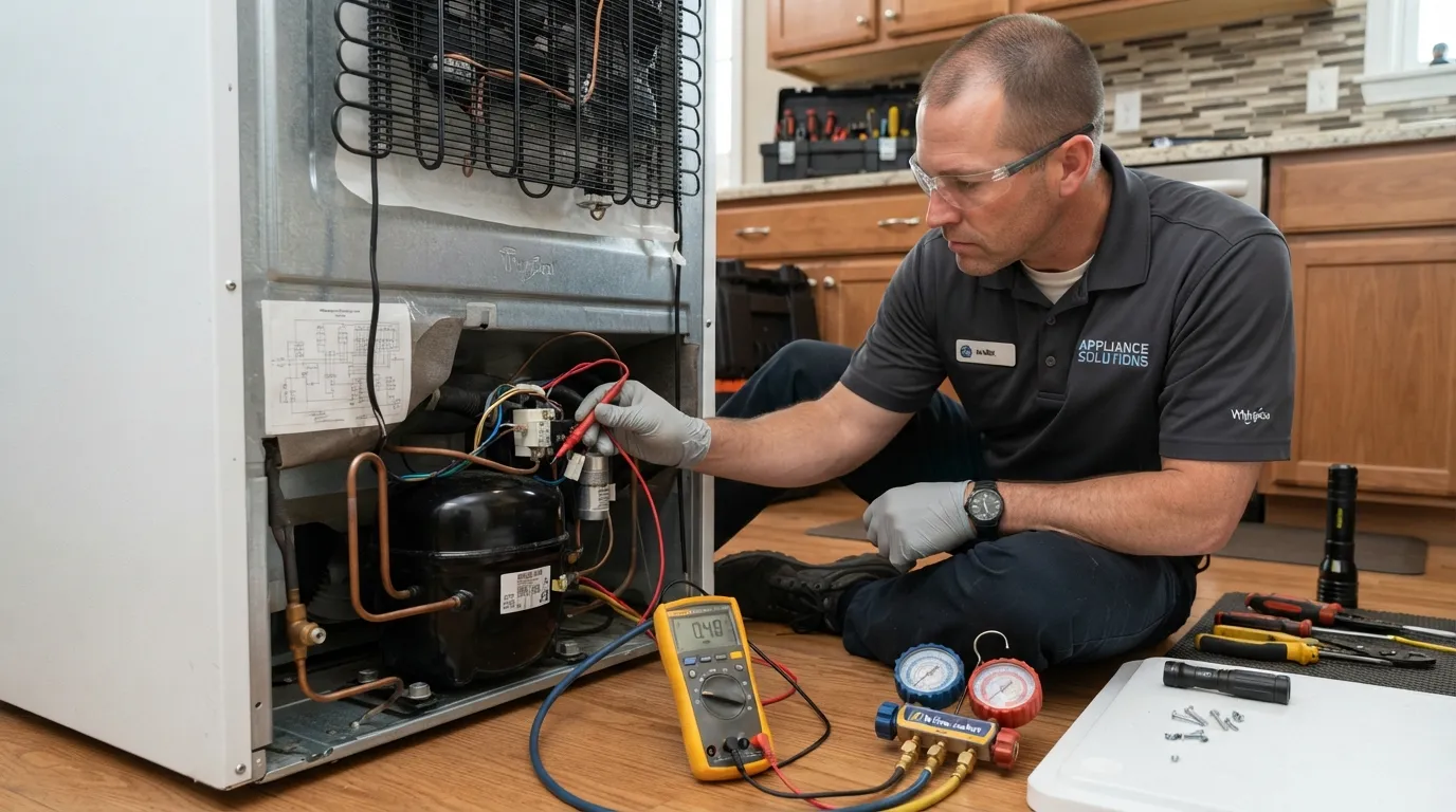 Technician testing a refrigerator compressor before quoting replacement.
