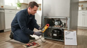 Technician diagnosing a refrigerator compressor during a major appliance repair.
