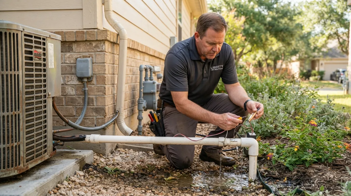Checking an AC condensate drain line at the outside stub