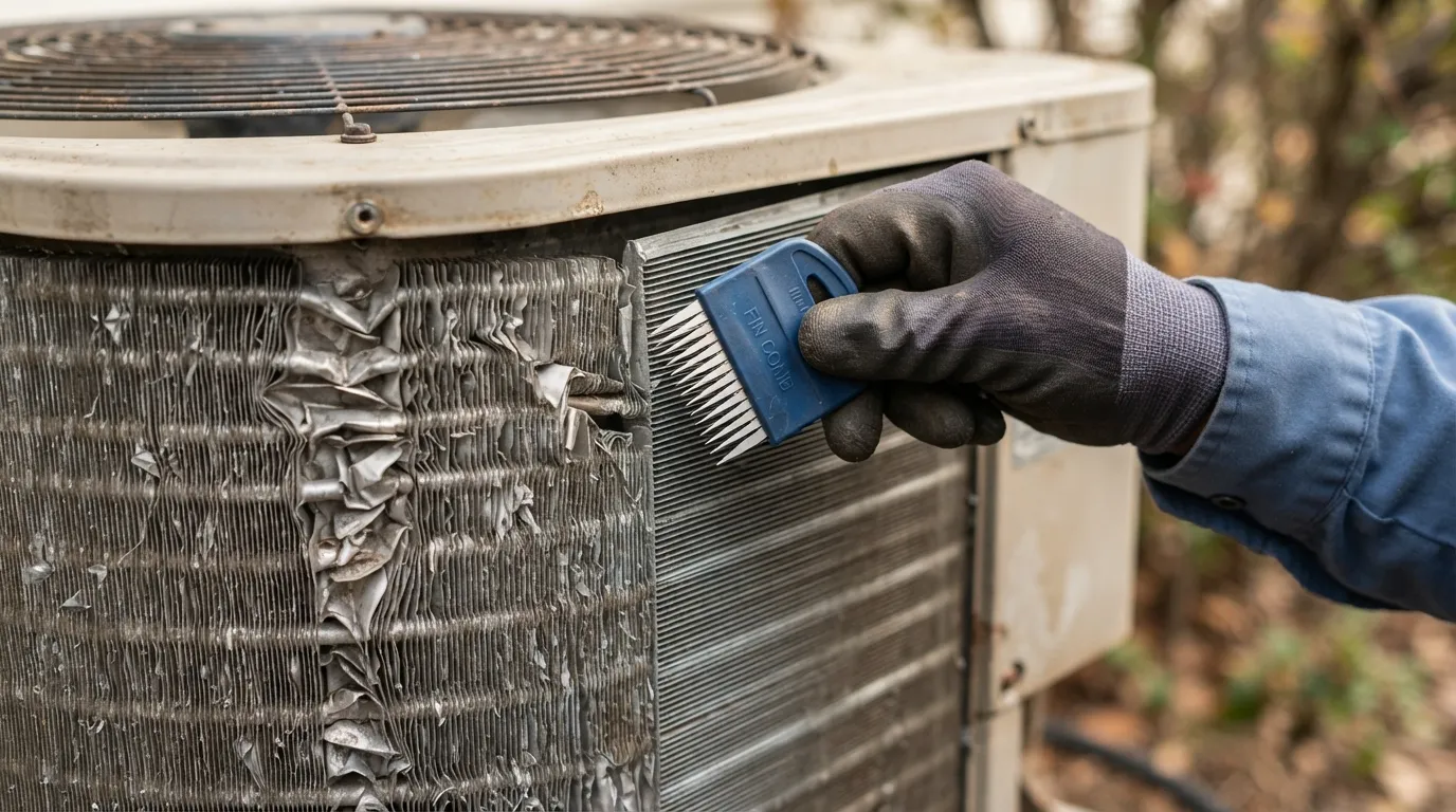 Straightening hail-bent condenser fins with a fin comb.