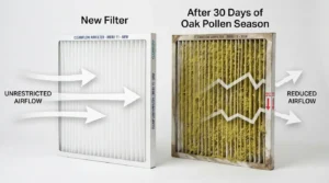 AC filter after 30 days of oak pollen season next to a new filter.