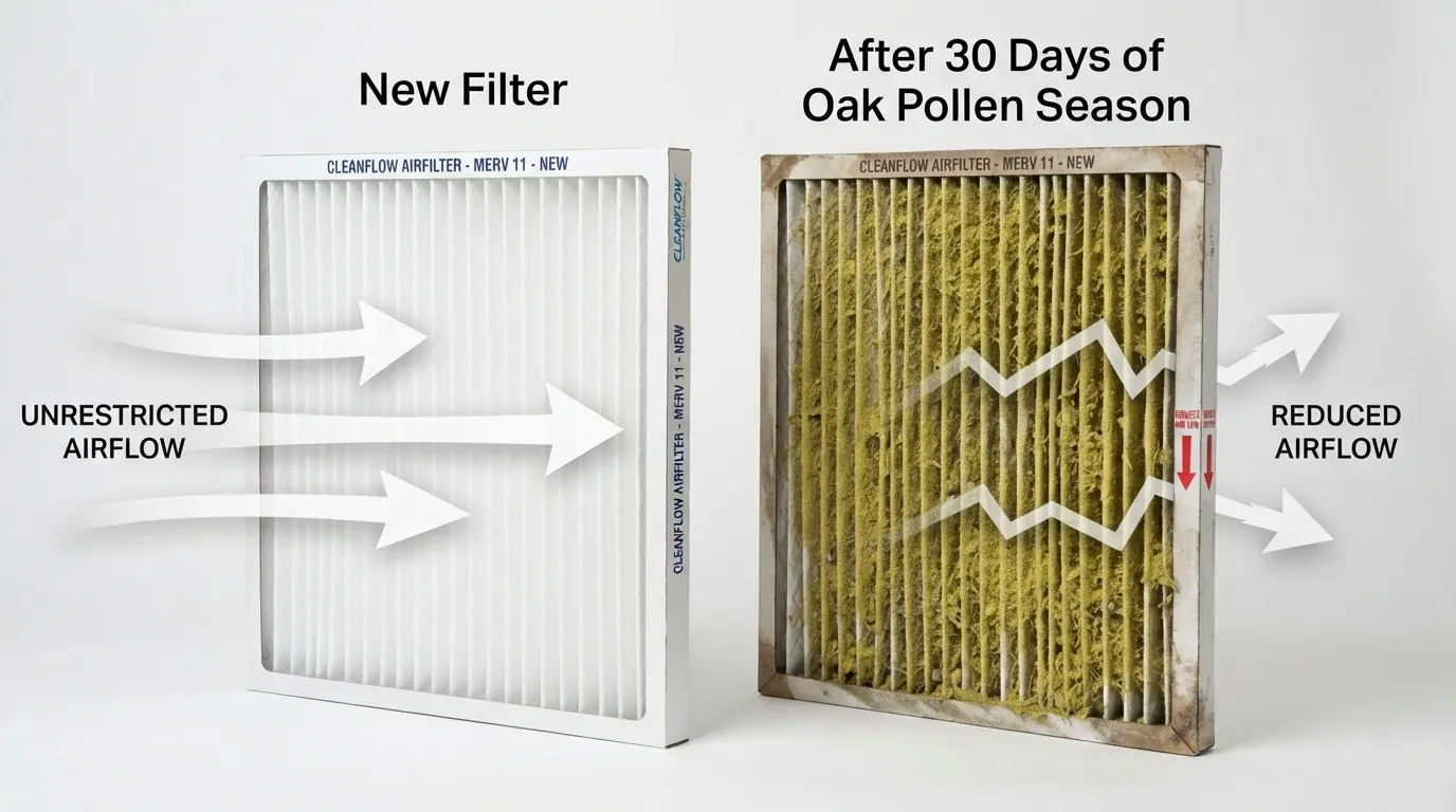 AC filter after 30 days of oak pollen season next to a new filter.