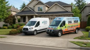 "Local HVAC shop van next to a franchise-wrapped van."