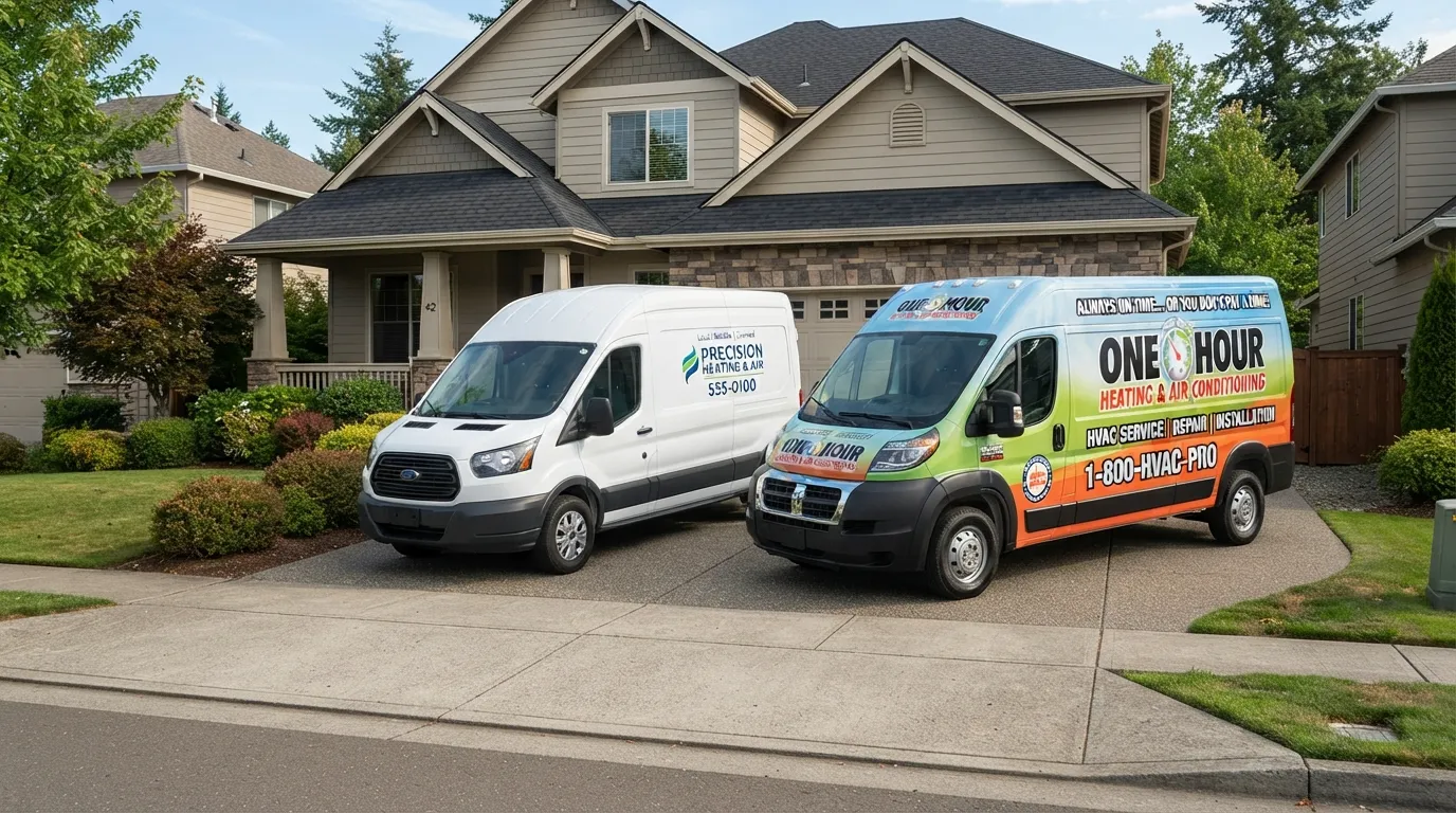 "Local HVAC shop van next to a franchise-wrapped van."
