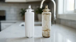 Clogged refrigerator water filter next to a new one after hard water buildup