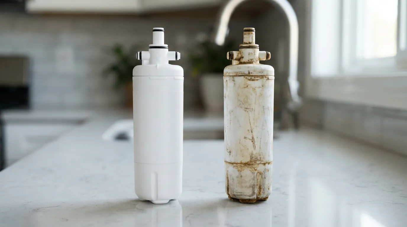 Clogged refrigerator water filter next to a new one after hard water buildup