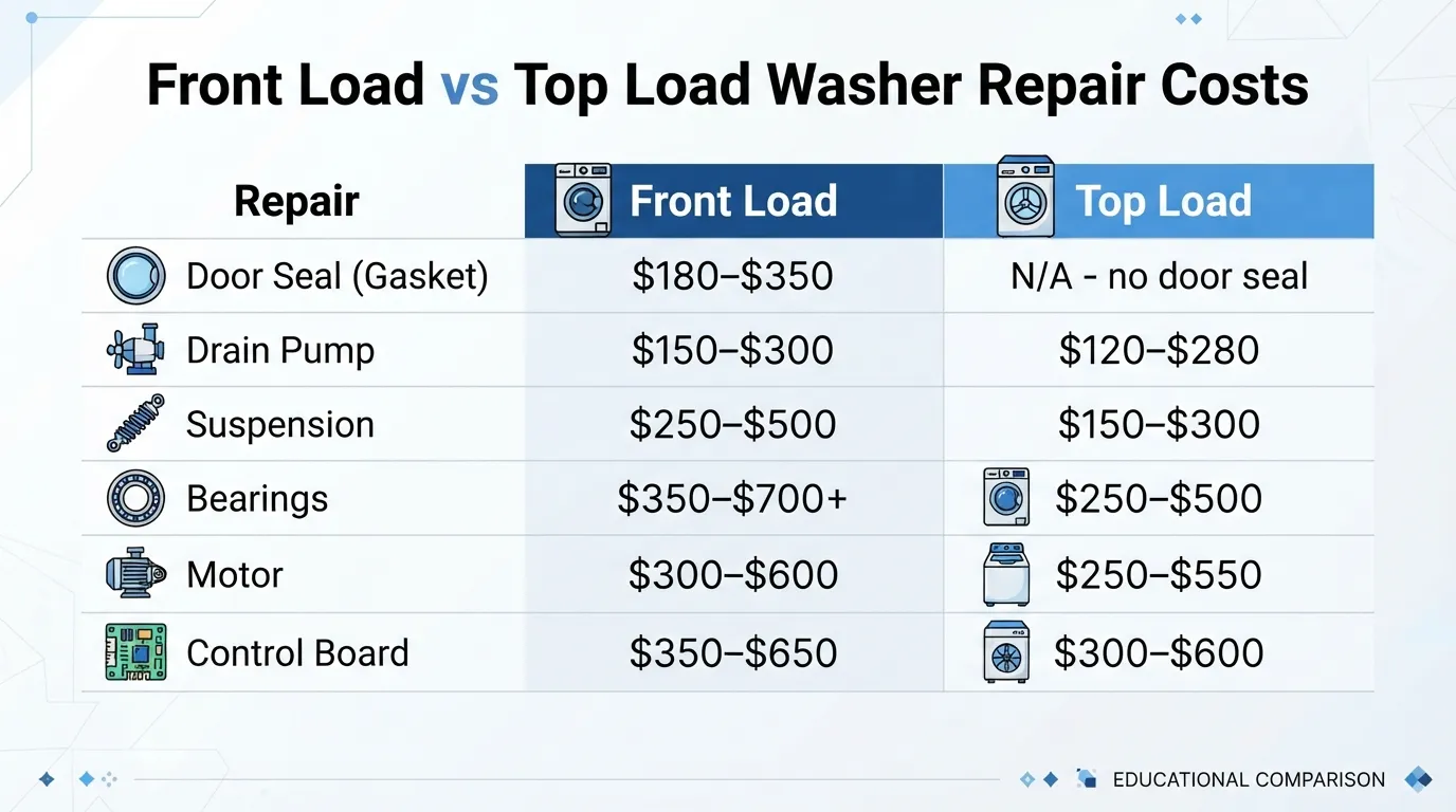 "Typical repair cost ranges for front load vs top load washers."