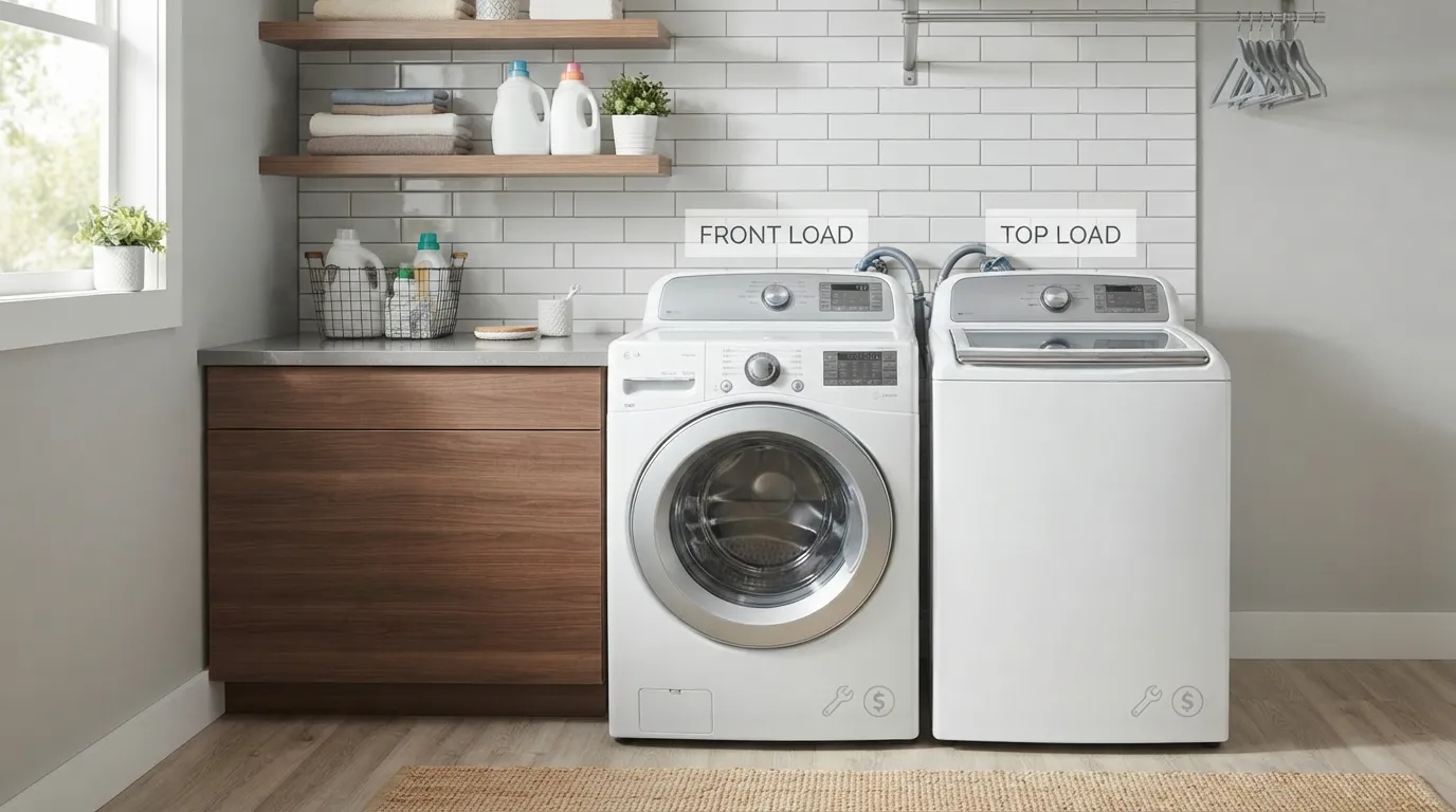 "Front load and top load washers compared for repair costs."