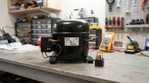 Refrigerator compressor next to the much smaller start relay that mimics its failure.