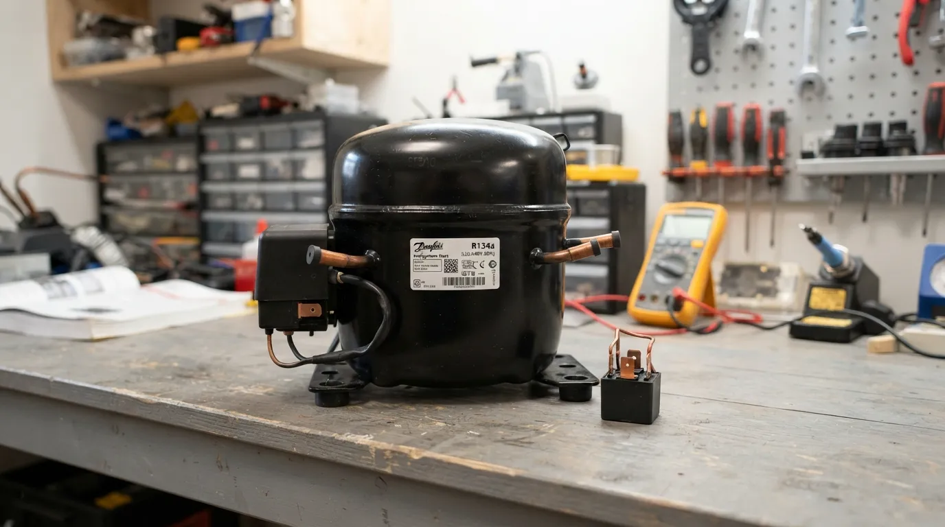 Refrigerator compressor next to the much smaller start relay that mimics its failure.