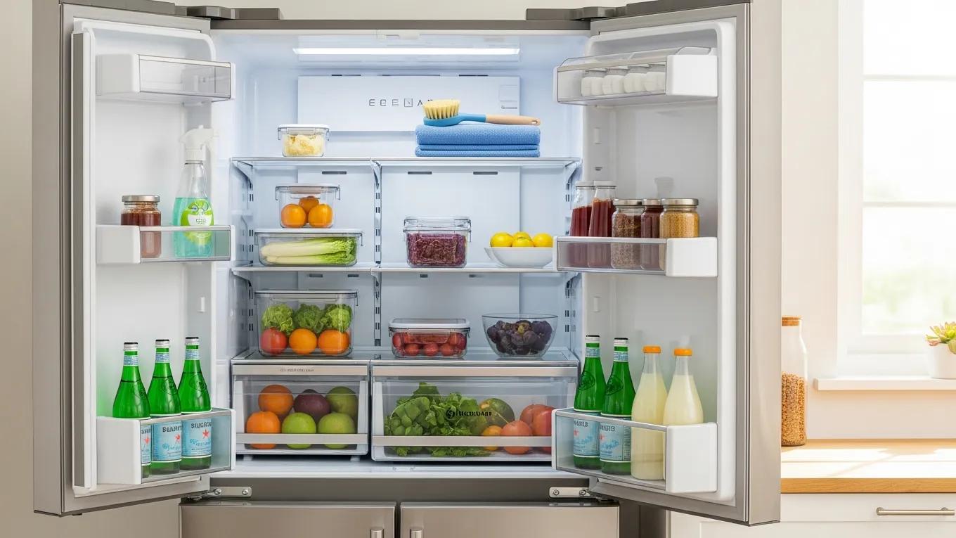 Clean and organized refrigerator with maintenance tools, promoting upkeep and efficiency