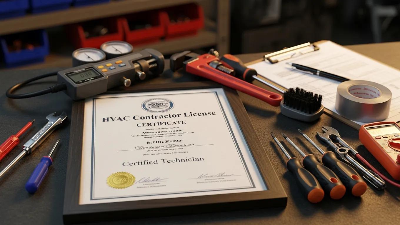 Close-up of HVAC license certificate with tools in a professional setting