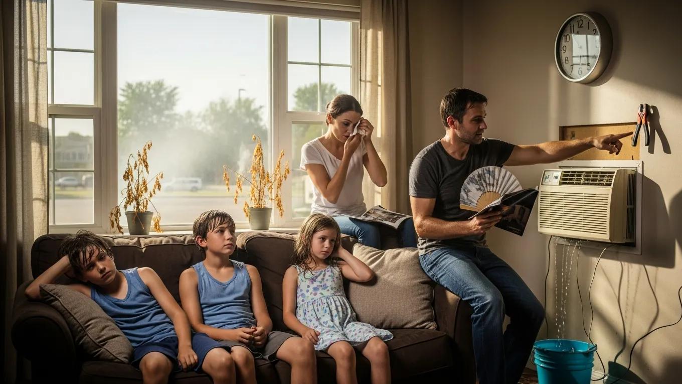 Family experiencing discomfort in a hot living room due to AC failure