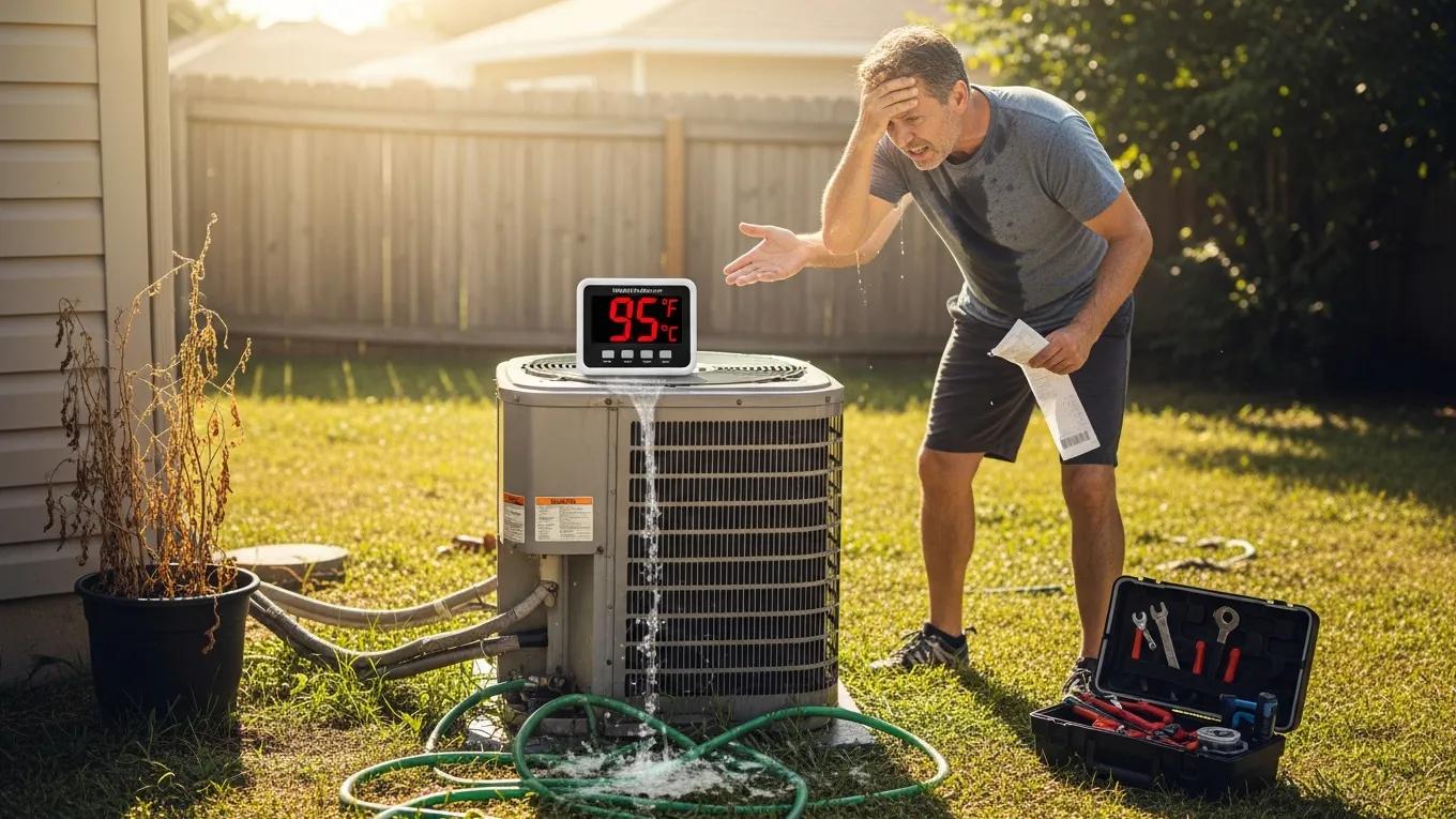 Frustrated homeowner next to malfunctioning air conditioning unit