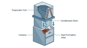 diagram of an AC coil dripping condensate onto the furnace below