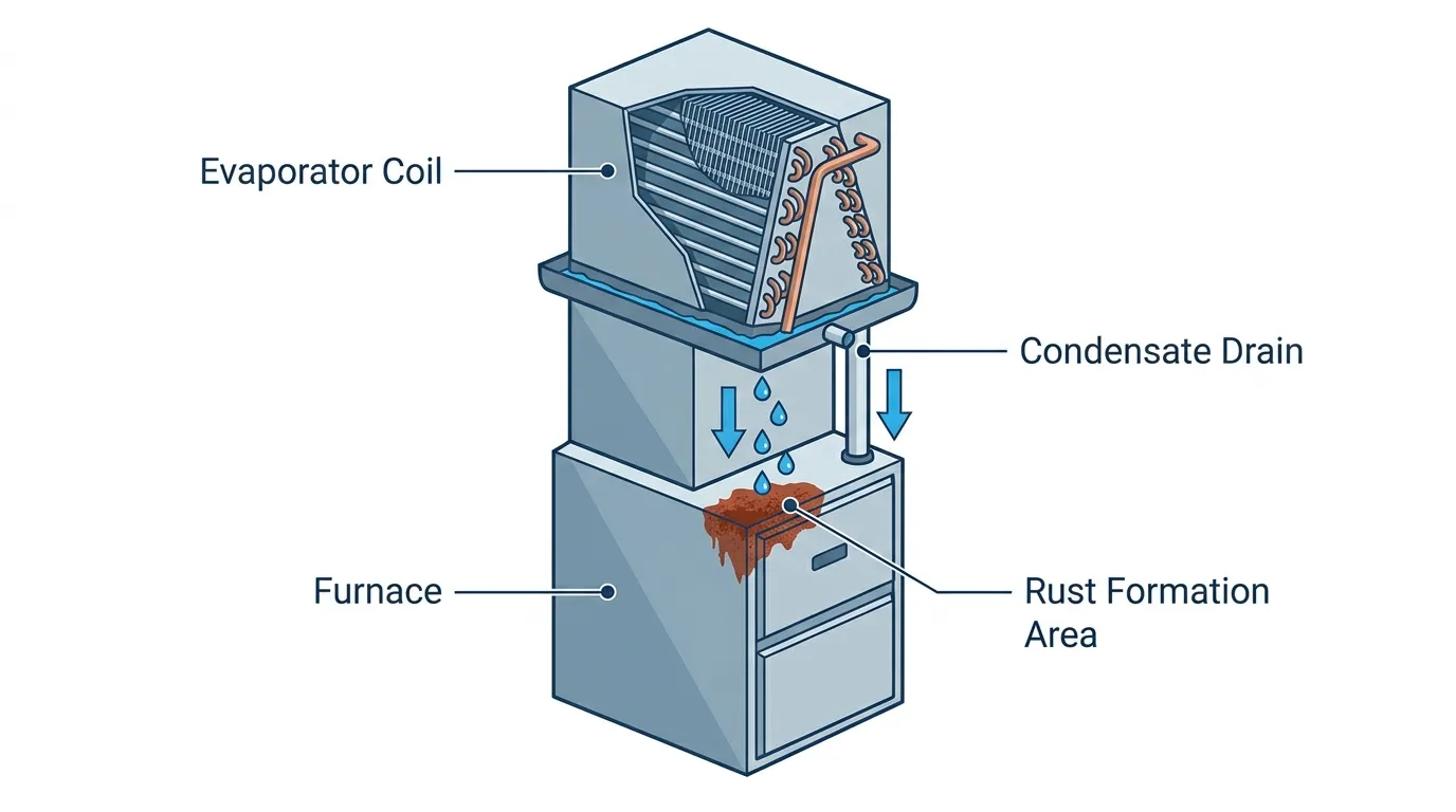 diagram of an AC coil dripping condensate onto the furnace below