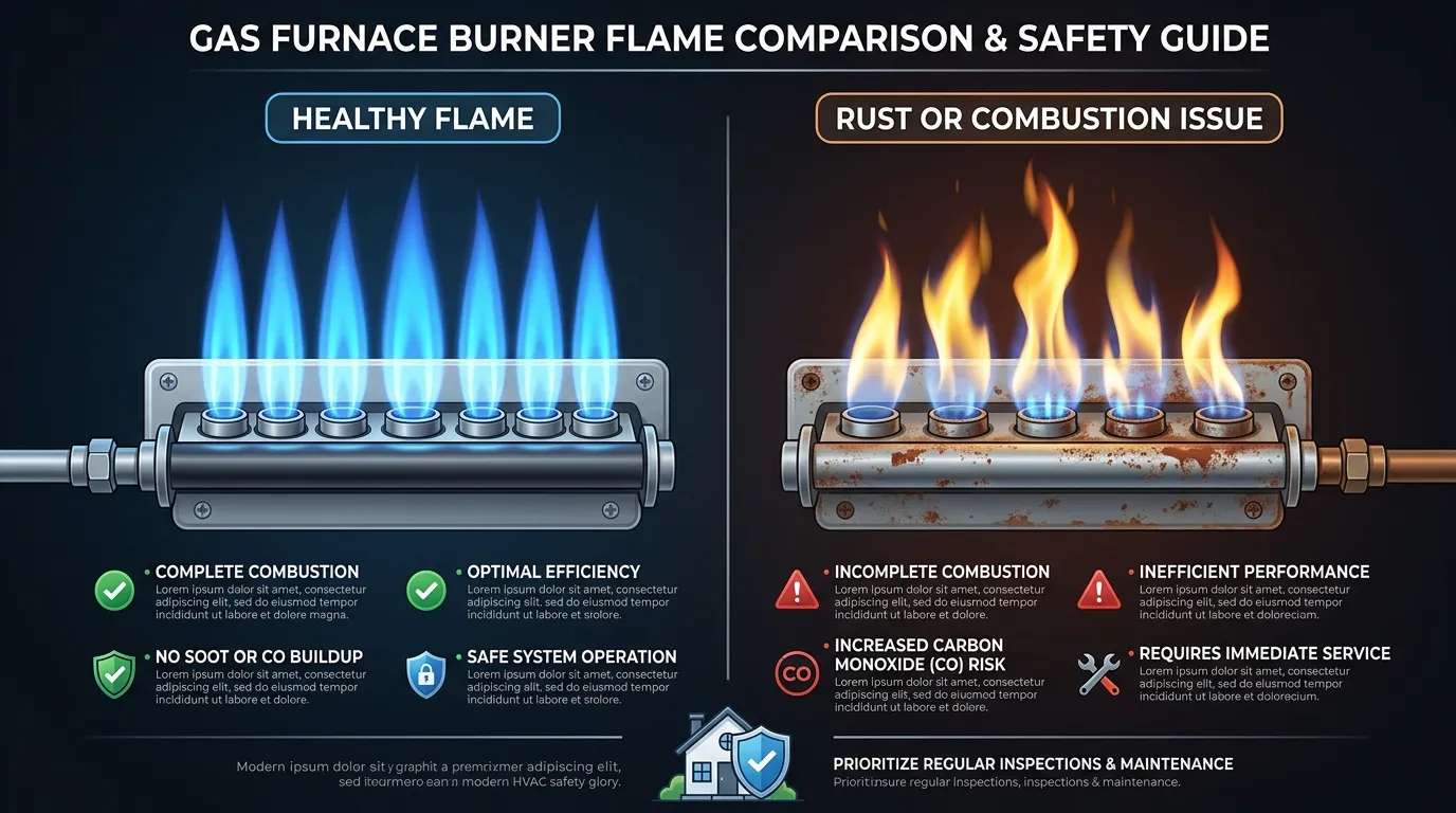 healthy blue furnace burner flame compared with a yellow flame from rusted burners