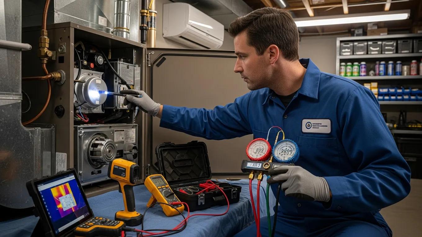 Licensed HVAC technician inspecting HVAC system for quality and efficiency