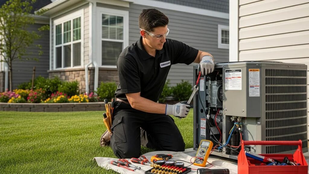 Licensed HVAC technician repairing air conditioning unit in a Central Texas home.