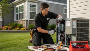 Licensed HVAC technician repairing air conditioning unit in a residential home