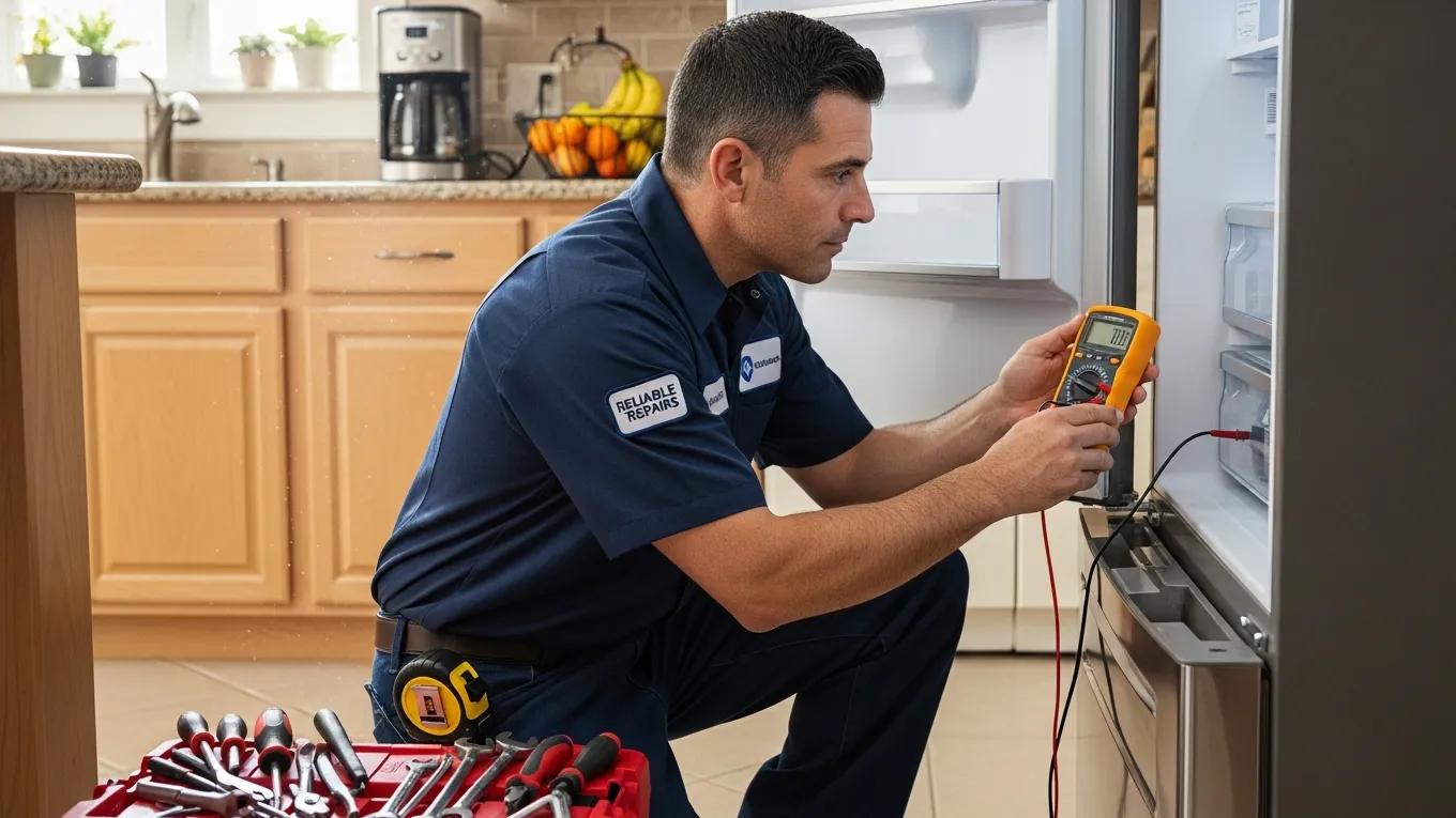 Local technician repairing a refrigerator in a home kitchen, emphasizing fast service