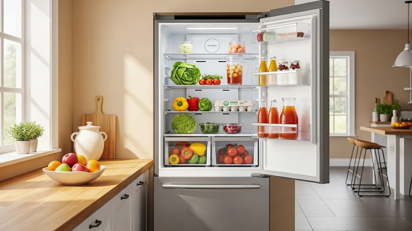 Modern refrigerator in a bright kitchen, showcasing food safety and freshness