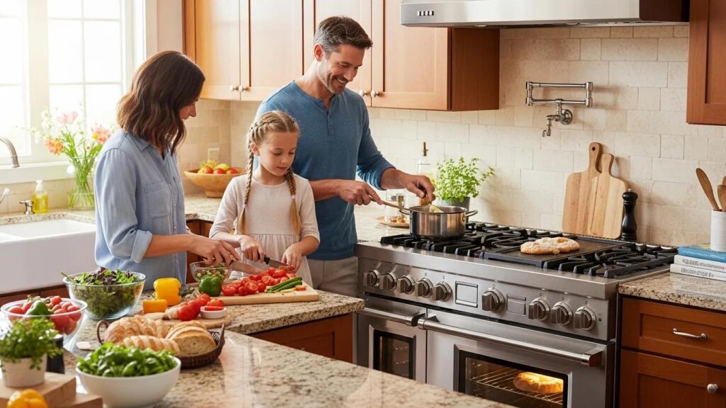 Modern stove and oven in a cozy kitchen with a family cooking together