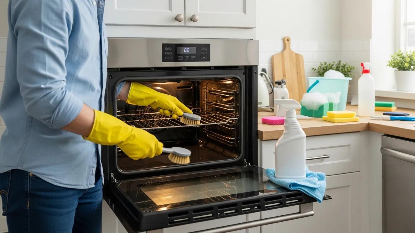 Person cleaning an oven with supplies in a tidy kitchen