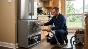 technician cleaning refrigerator condenser coils on a service call in Belton