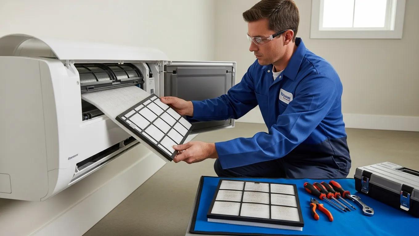 Technician changing air filters during routine AC maintenance